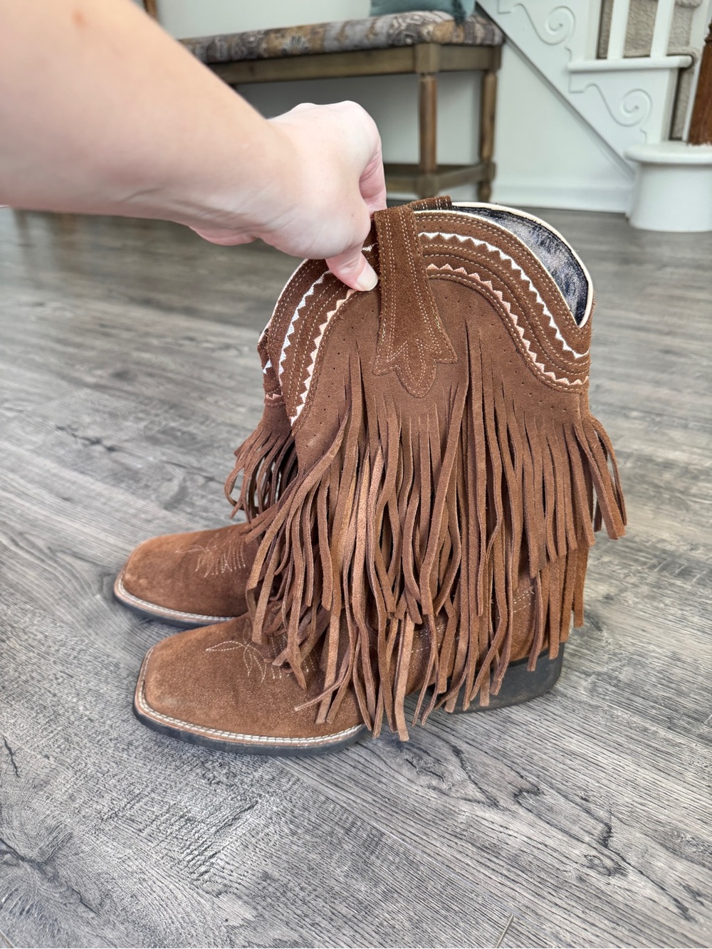 Ariat Tan Carmel Brown Fringe Squaretoed Suede Western Cowgirl Boots - Picture 3 of 8
